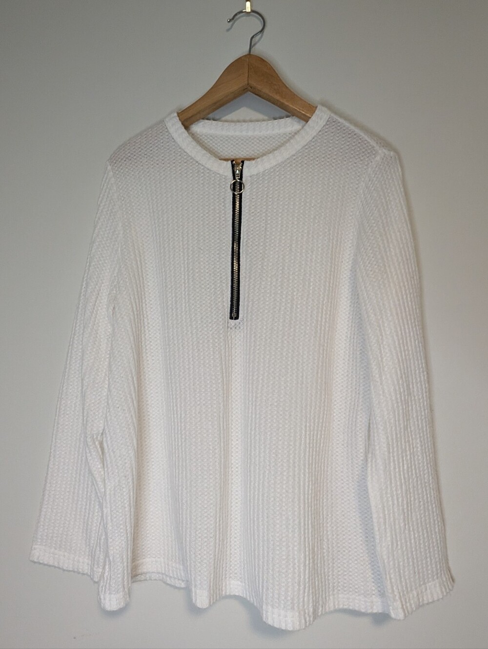 Women's White Waffle Zip-Front Long Sleeve Shirt